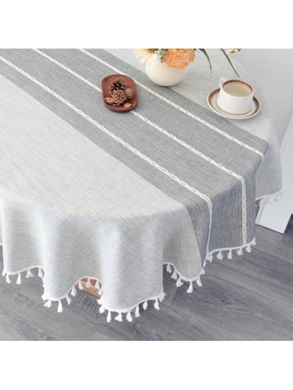 Gray and White Tassel Cotton Tablecloth - Home Dining
